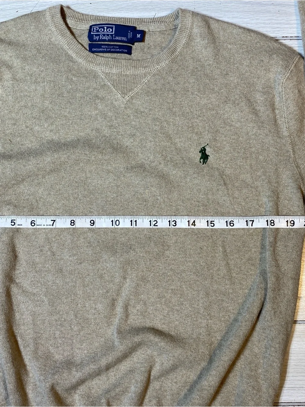 Polo Ralph Lauren M Crewneck Sweater Beige Tan 100% Cotton Green Knit